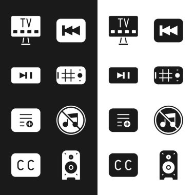Selfie 'yi mobil, duraklat düğmesi, Smart Tv, geri sar, çalma listesi ekle, konuşmacı sessiz, Stereo hoparlörü ve altyazı simgesine ayarla. Vektör