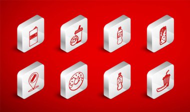 Soda ve sosisli, donut, bir şişe su, burrito, bira kutusu, çörek ve konum ikonu. Vektör