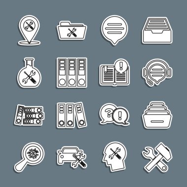 Çizgiyi aşan çekiç ve anahtar, dokümanlı çekmece, kulaklık, konuşma balonu sohbeti, konuşma, ofis klasörleri, biyomühendislik servisi, yer ve ilginç gerçekler simgesi. Vektör