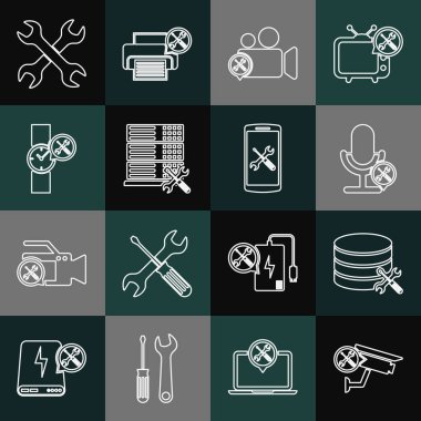 Hat güvenlik kamerası servisi, veritabanı sunucusu, mikrofon, video, bilek saati, çapraz anahtarlar ve akıllı telefon simgesi. Vektör