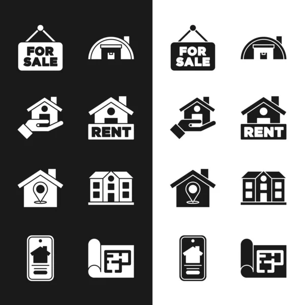 集悬挂标志与租金 房地产经纪人 计划和在线房地产图标 — 图库矢量图片