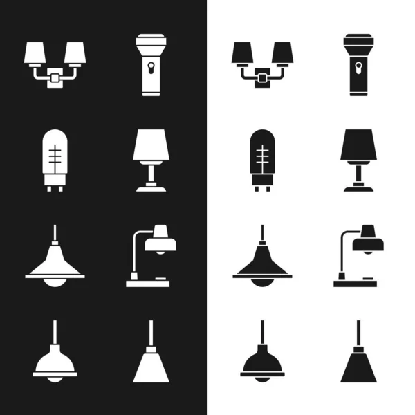 Set Tischleuchte Leuchtdiode Wand Oder Wandleuchte Taschenlampe Kronleuchter Und Lampensymbol — Stockvektor