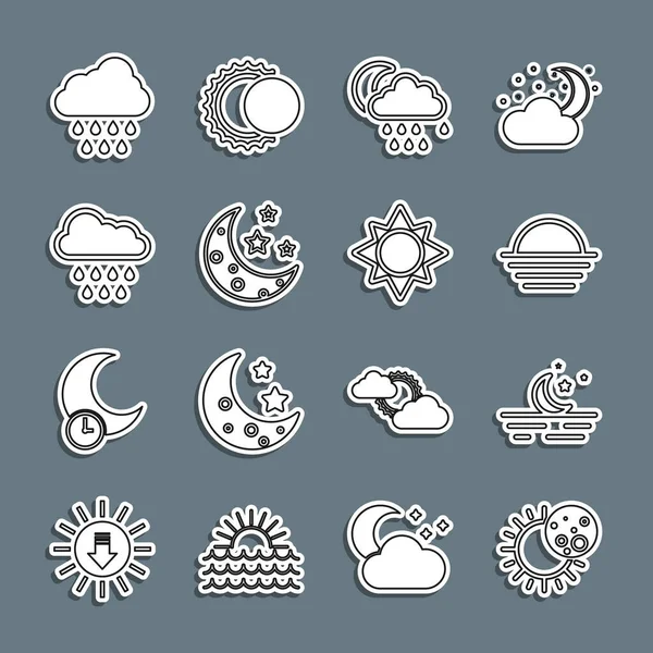 stock vector Set line Eclipse of the sun, Moon and stars, Sunset, Cloud with rain moon,  and  icon. Vector