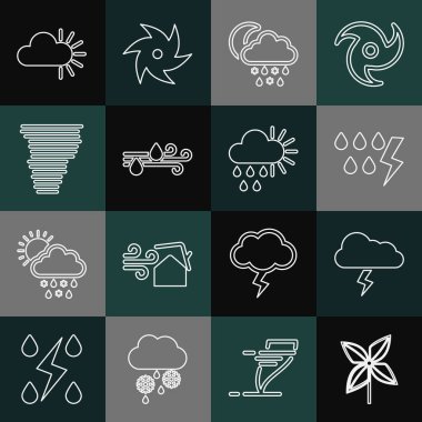 Çizgi çarkını, Fırtınayı, Bulutu, karı, yağmuru, ayı, rüzgarı ve Kasırgayı, Bulutu ve güneş ikonunu ayarla. Vektör