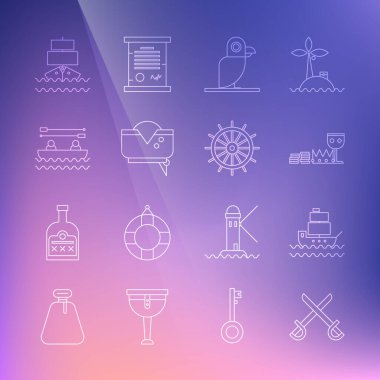 Çizgiyi aşmış korsan kılıçları, gemi, hazine ve zenginlik, Korsan papağanı, şapka, kürekli tekne ve direksiyon ikonu. Vektör