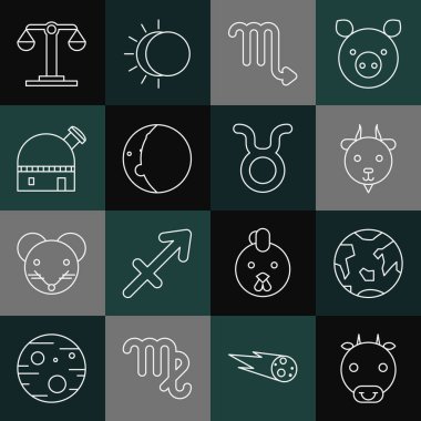 Ox Zodiac, Earth, Aries, Scorpio, Güneş tutulması, Astronomik Gözlemevi, Terazi ve Taurus ikonu. Vektör
