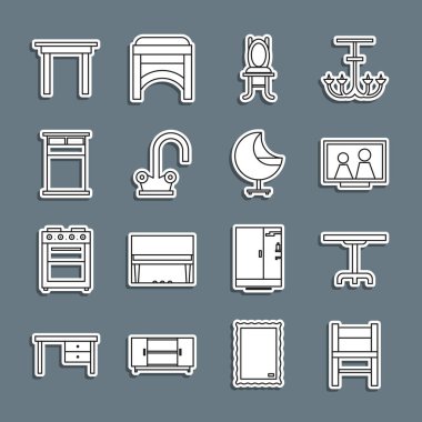 Sıralı sandalye, yuvarlak masa, resim çerçevesi, su musluğu, büyük yatak, tahta ve Kol Sandalyesi ikonu. Vektör