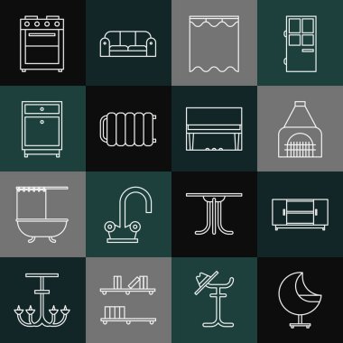 Koltuk, televizyon masası, şömine, perdeler, kalorifer, mobilya sehpası, fırın ve büyük piyano ikonu. Vektör