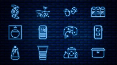 Sıralı beslenme çantası, cep telefonunda megafon, okyanusun kirliliği, plastiği durdur, pakette pil, Dünya 'yı tutan eller, çevreyi koruyan balina ve gezegen ikonu. Vektör