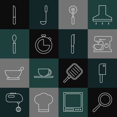 Hattı kurun, kızartma tavası, et helikopteri, elektrikli mikser, pizza bıçağı, mutfak zamanlayıcısı, kaşık, bıçak ve ekmek ikonu. Vektör