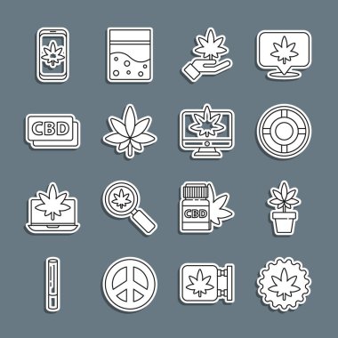 Marihuana, kenevir yaprağı, bitki, kül tablası, kenevir molekülü, mobil, marihuana ve Monitor ikonu. Vektör