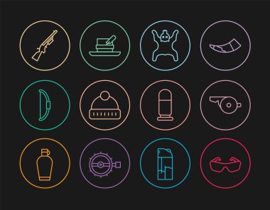 Düz çizgi gözlük, ıslık, ayı derisi, kış şapkası, yay, av tüfeği, tüy ikonlu kurşun ve avcı. Vektör