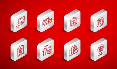 Hat konum kalkanı, para, uçak, seyahat çantası, yanan evde yangın, teslimat sigortası, ev ve belge ikonu. Vektör