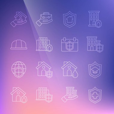 Sağlık sigortası, rozetli mezuniyet şapkası, yanan ev, işçi kaskı ve takvim ikonu. Vektör