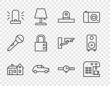 House, kahve makinesi, güvenlik kamerası, araba, flasher siren, güvenlik kilidi, bilek saati ve Stereo hoparlör ikonu. Vektör