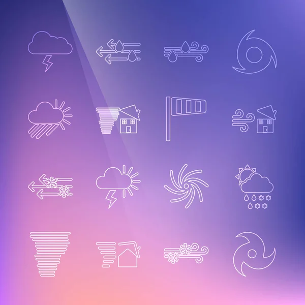 Stock vector Set line Tornado, Cloud with snow, rain, sun, swirl, Wind and, Cloudy, Storm and Cone windsock wind vane icon. Vector