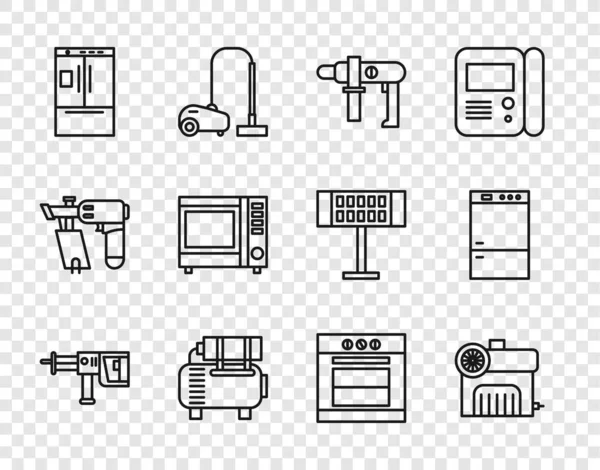 Set Line Bohrhammer Bohrmaschine Luftkompressor Elektro Kühlschrank Mikrowelle Backofen Und — Stockvektor