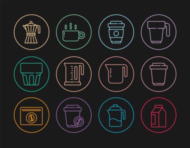 Sıraya dizilmiş kahve çekirdekleri, paket kahve fincanı, elektrikli su ısıtıcısı, su bardağı, moka demlik ve ikon. Vektör