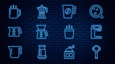 Çizgi kahve filtresi, makine, bardak kahve makinesi, demlik ve moka ikonunun üzerine dök. Vektör