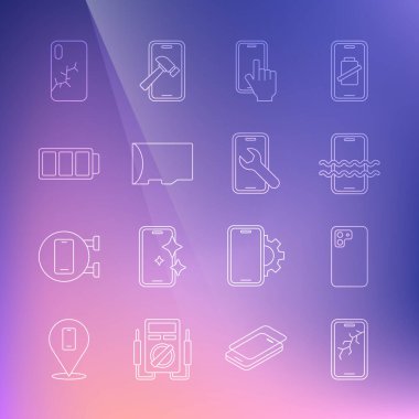 Hat Mobil 'i bozuk ekran, akıllı telefon, su geçirmez, telefon tamir servisi, Micro SD hafıza kartı, pil ve simge ile ayarla. Vektör