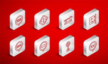 Hız limiti trafiği, üçgende ünlem işareti, park yeri bariyeri, dur işareti, demiryolu geçidi ve yaya geçidi ikonu. Vektör