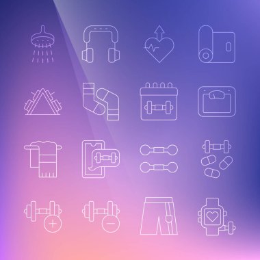 Hattı kalp ile akıllı saat, spor doping dambıl, banyo terazisi, kalp atışı artışı, çorap, metal raf ağırlığı, duş ve takvim fitness ikonu ile ayarla. Vektör