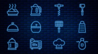 Sabit hat mutfak önlüğü, rende, şarap tirbuşonu, zamanlayıcı tepsi dolusu yiyecek, kase sıcak çorba, ızgara çelik ızgara ve elektrikli su ısıtıcısı ikonu. Vektör