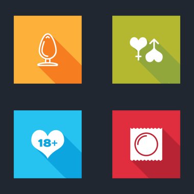 Anal tıpa, erkek ve kadın kalbi, 18 artı içerik ve prezervatifi paket simgesine yerleştir. Vektör.