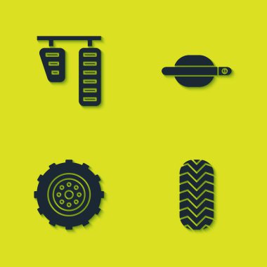 Araba benzini, fren pedalları, lastik, tekerlek ve kapı kolu ikonunu ayarlayın. Vektör.