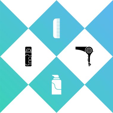 Traş jeli köpüğünü, krem kozmetik tüpünü, saç fırçasını ve kurutma ikonunu ayarla. Vektör.