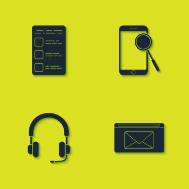 Cep telefonu, e-posta, kulaklık ve mobil tanılama simgesinde hesap ekranı oluştur. Vektör.