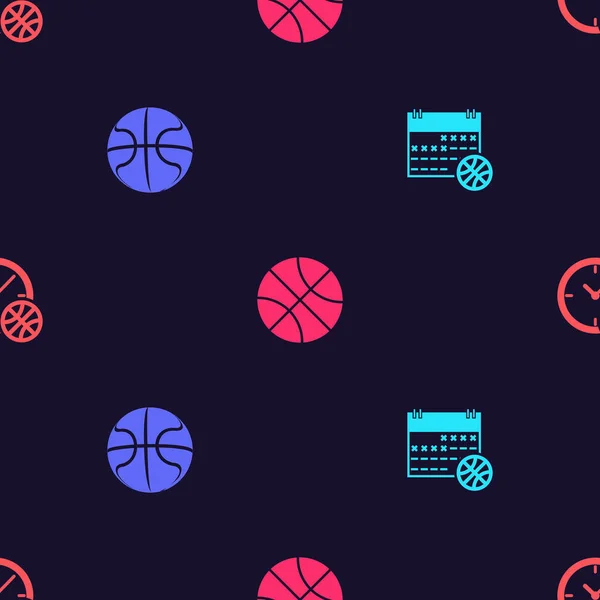 Set Basketball Sport Calendar Clock Basketball Seamless Pattern Vector — Stock Vector