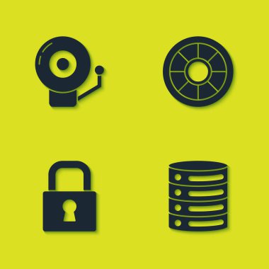 Alarm zilini, Sunucu 'yu, Data' yı, Web Sunuculuğunu, Kilit ve Güvenli simgesini ayarla. Vektör.