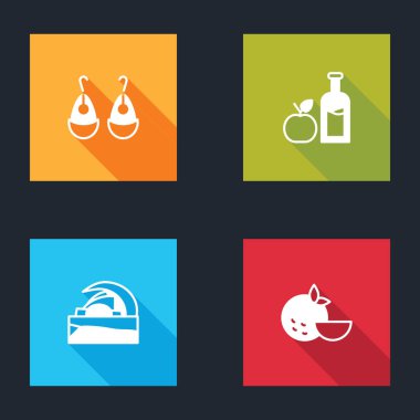 Küpeler, elma şırası şişesi, konser salonu Tenerife ve portakal suyu ikonu. Vektör.