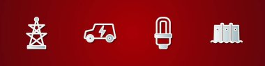 Elektrik kulesi, araba, LED ampul ve hidroelektrik baraj ikonu kur. Vektör