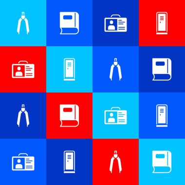 Çizim pusulası, kitap, kimlik kartı ve dolap ya da soyunma odası simgesini ayarla. Vektör