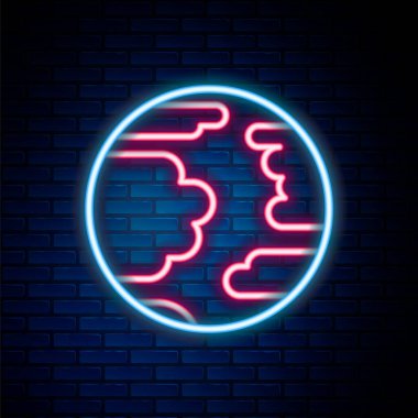 Parlayan neon hattı Merkür Gezegeni ikonu tuğla duvar arka planında izole edildi. Renkli taslak konsepti. Vektör