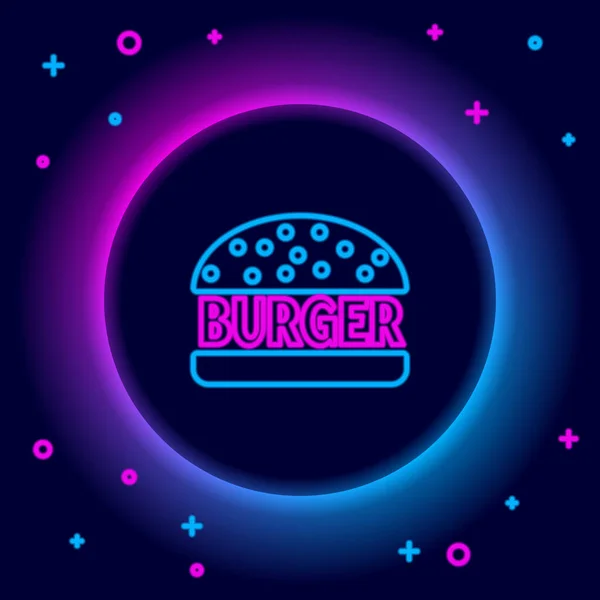 Brillante Línea Neón Burger Icono Aislado Sobre Fondo Negro Icono — Vector de stock