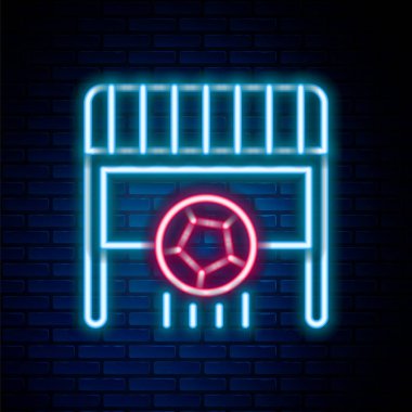 Parlak neon çizgili futbol topu golü ve tuğla duvar arkasında izole edilmiş top ikonu. Renkli taslak konsepti. Vektör