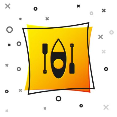 Siyah kano ve kürek simgesi beyaz arkaplanda izole edildi. Balıkçılık ve turizm için kano. Açık hava aktiviteleri. Sarı kare düğme. Vektör.