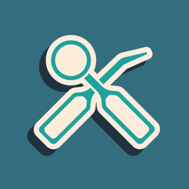 Yeşil Diş Teftişi aynası ve yeşil arka planda izole edilmiş ölçeklendirici simgesi. Diş muayenesi. Uzun gölge tarzı. Vektör.