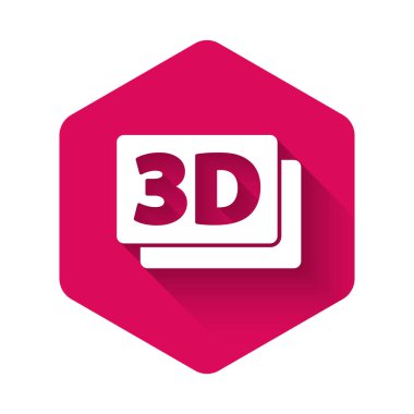 Beyaz 3D kelime simgesi uzun gölgeli. Pembe altıgen düğmesi. Vektör.