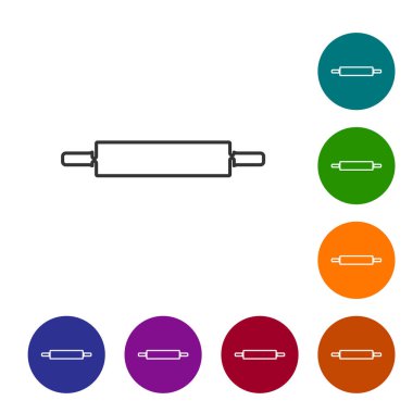 Siyah çizgi yuvarlanan pin simgesi beyaz arkaplanda izole edildi. Simgeleri renk daire düğmelerine ayarla. Vektör.