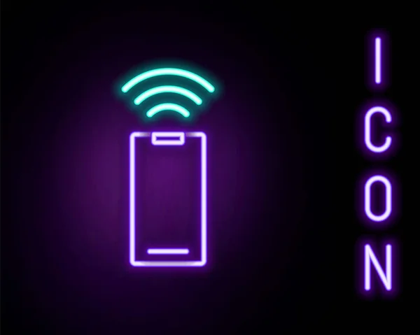 Glödande Neon Line Trådlös Smartphone Ikon Isolerad Svart Bakgrund Färgstarkt — Stock vektor