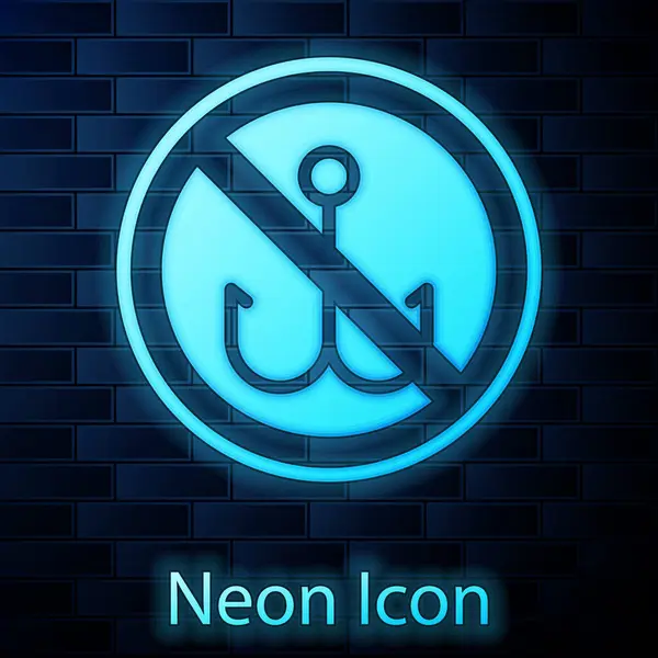Glödande Neon Ingen Fiske Ikon Isolerad Tegelvägg Bakgrund Förbudsskylt Vektor — Stock vektor