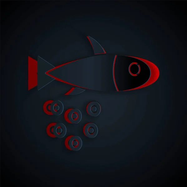 Papiergeschnittener Fisch Mit Kaviarsymbol Isoliert Auf Schwarzem Hintergrund Papierkunst Vektor — Stockvektor