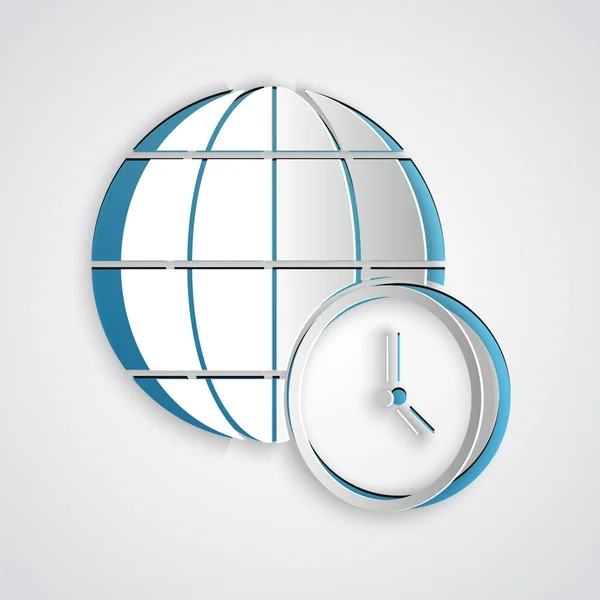 Иконка Мирового Времени Вырезана Сером Фоне Часы Глобус Бумажный Стиль — стоковый вектор