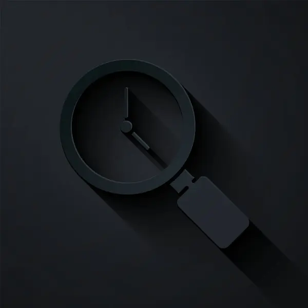 Papiergeschnittenes Vergrößerungsglas Mit Uhrensymbol Auf Schwarzem Hintergrund Papierkunst Vektor — Stockvektor