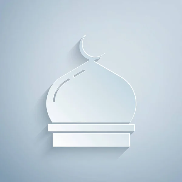 Papír Střih Muslimská Mešita Ikona Izolované Šedém Pozadí Papírový Styl — Stockový vektor