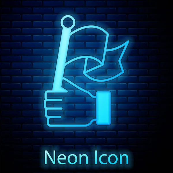Glödande Neon Hand Hålla Flaggan Ikon Isolerad Tegel Vägg Bakgrund — Stock vektor